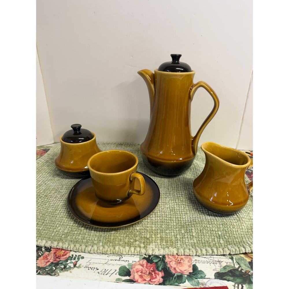 Vintage Brown Drip Glaze Coffee Set Pot Creamer Sugar Cup Saucer USA montego MCM